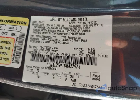 2013 Lincoln Mkz из США, поврежденный, VIN 3LN6L2G91DR827976